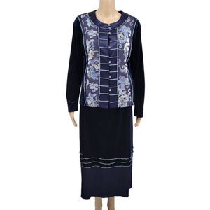 Spencer Alexis Vintage Blue Velour with Floral Accents Skirt Set Women's Size 10